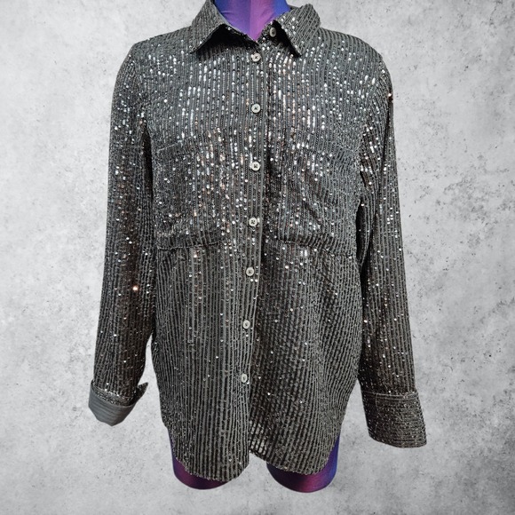 Anthropologie Tops - Anthropologie Remie Sequin Mesh Button Down Shirt Black Long Sleeve Top Small